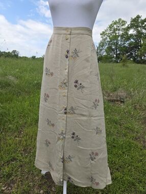 Cottagecore Floral Maxi Skirt Button Front Boho Spring Cream Tan Size 14 NWT